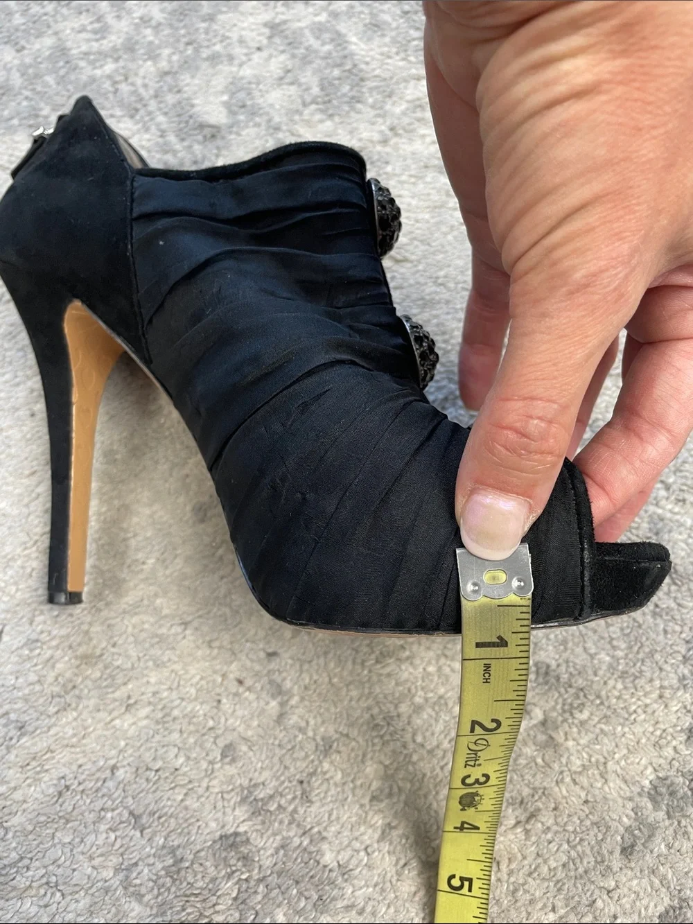 Betsey Johnson Black Ruched Chiffon Peep Toe Booties Heels Crystal Buttons 9.5